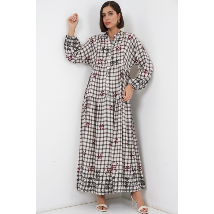 Kadın Desenli Uzun Tesettür Elbise 2585 - A.Gri