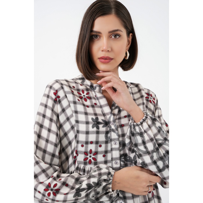 Kadın Desenli Uzun Tesettür Elbise 2585 - A.Gri