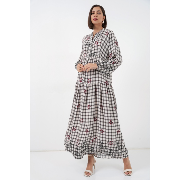 Kadın Desenli Uzun Tesettür Elbise 2585 - A.Gri