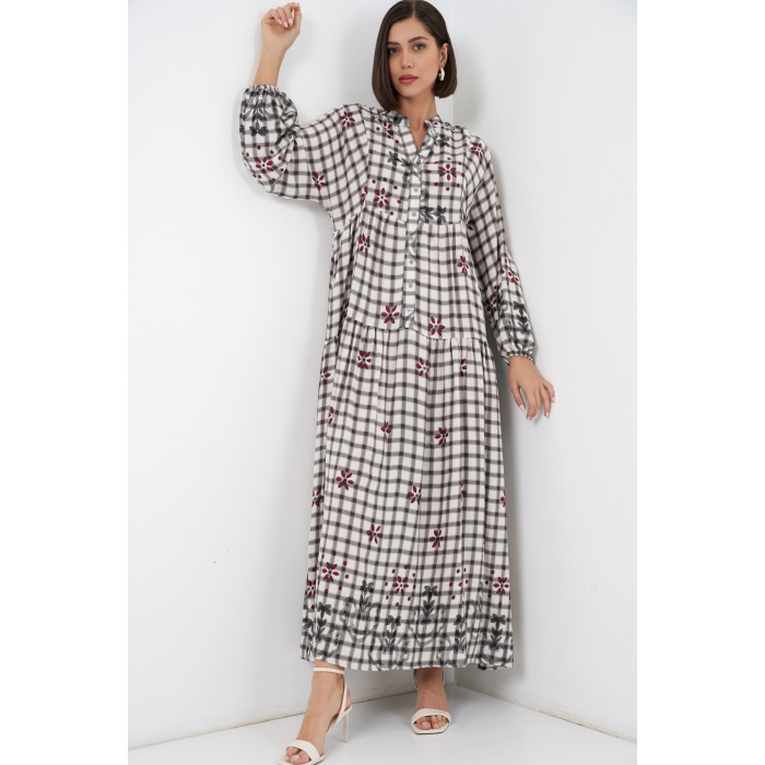 Kadın Desenli Uzun Tesettür Elbise 2585 - A.Gri