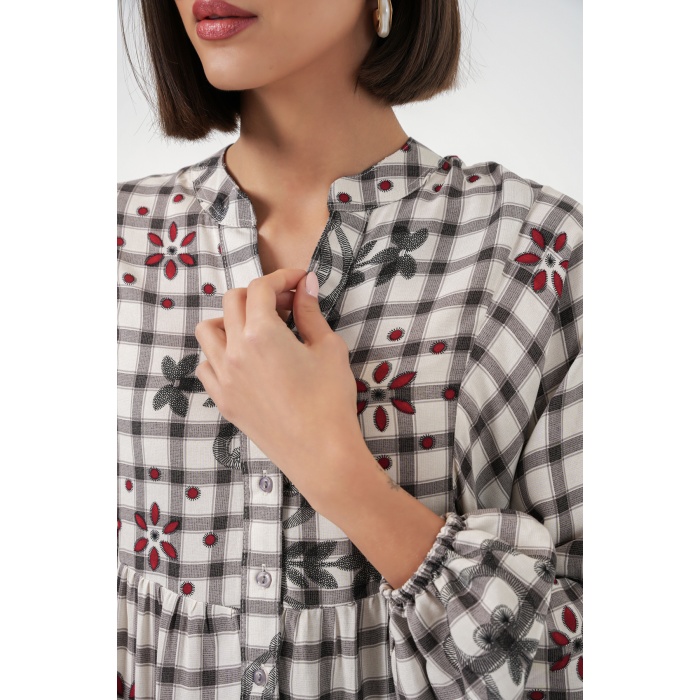 Kadın Desenli Uzun Tesettür Elbise 2585 - A.Gri