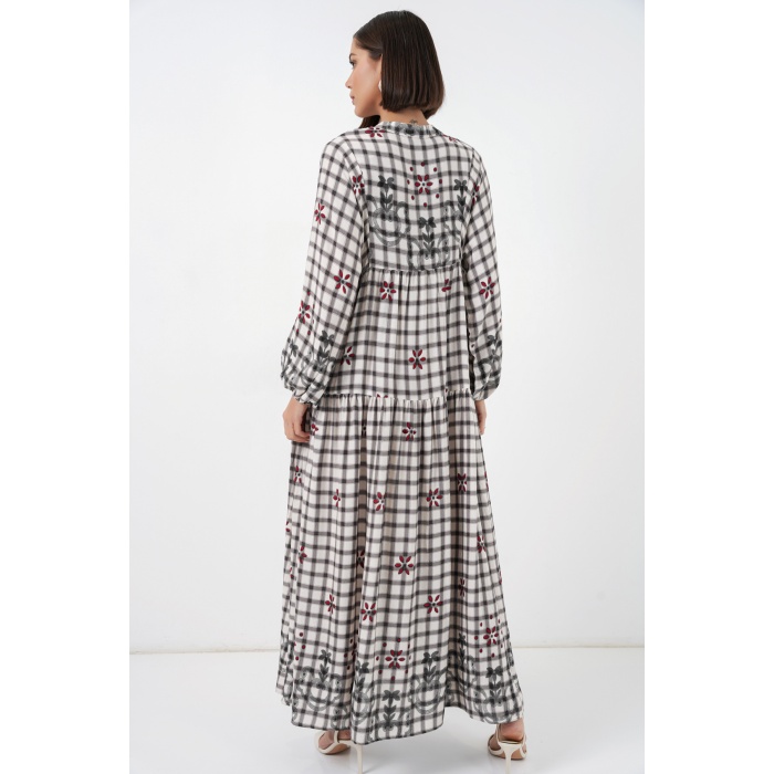Kadın Desenli Uzun Tesettür Elbise 2585 - A.Gri
