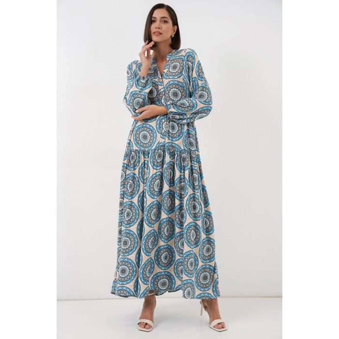 Kadın Desenli Uzun Tesettür Elbise 2585 - F.Mint