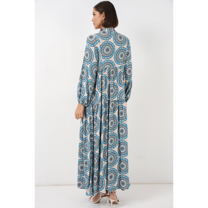 Kadın Desenli Uzun Tesettür Elbise 2585 - F.Mint