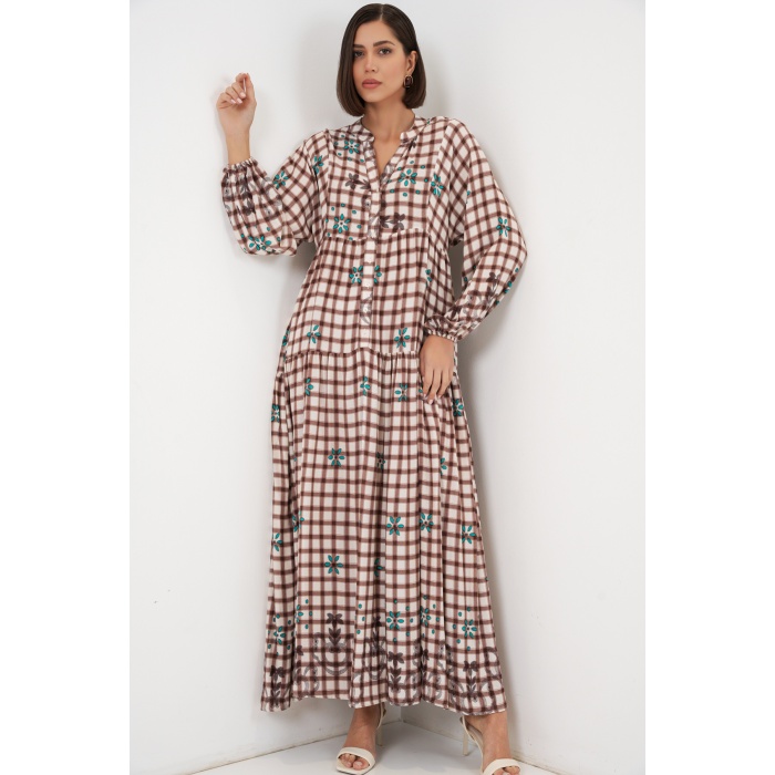 Kadın Desenli Uzun Tesettür Elbise 2585 - A.Taba