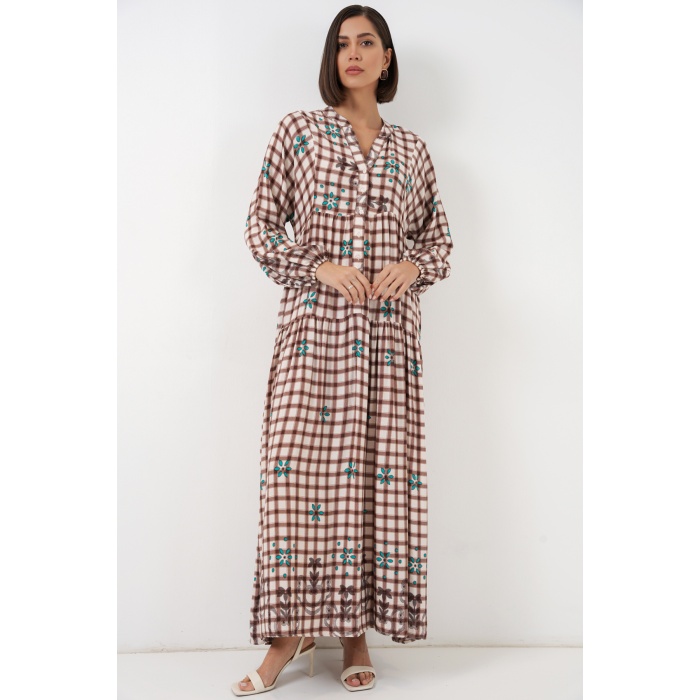 Kadın Desenli Uzun Tesettür Elbise 2585 - A.Taba