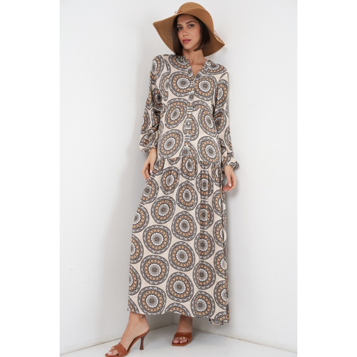 Kadın Desenli Uzun Tesettür Elbise 2585 - C. Bej