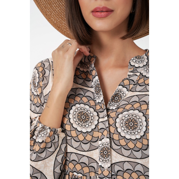 Kadın Desenli Uzun Tesettür Elbise 2585 - C. Bej