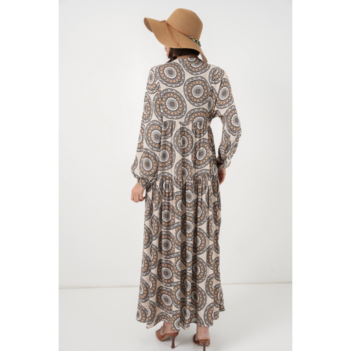Kadın Desenli Uzun Tesettür Elbise 2585 - C. Bej