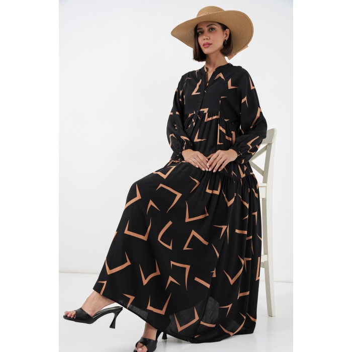 Kadın Desenli Uzun Tesettür Elbise 2585 - H. Siyah