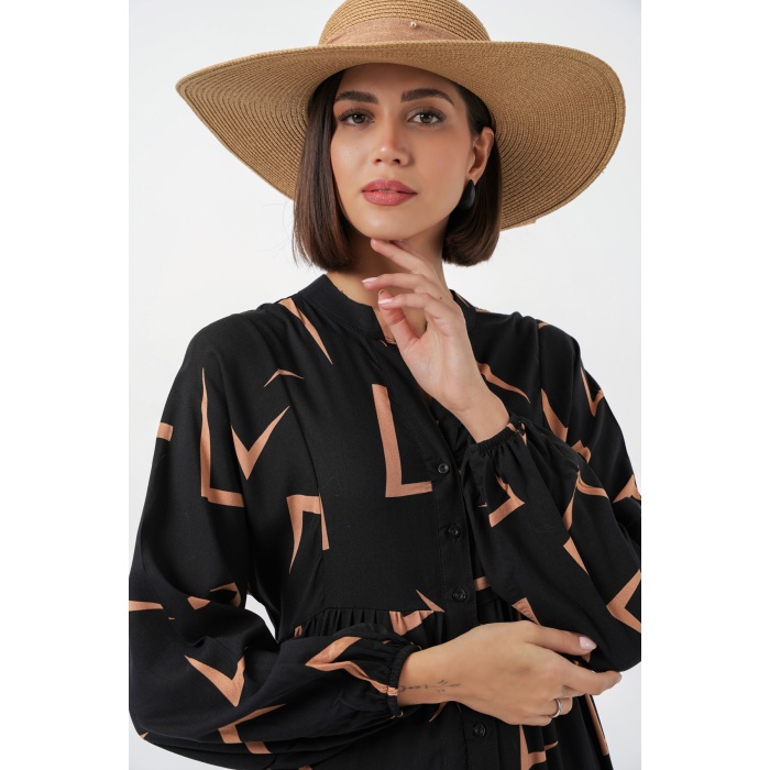 Kadın Desenli Uzun Tesettür Elbise 2585 - H. Siyah