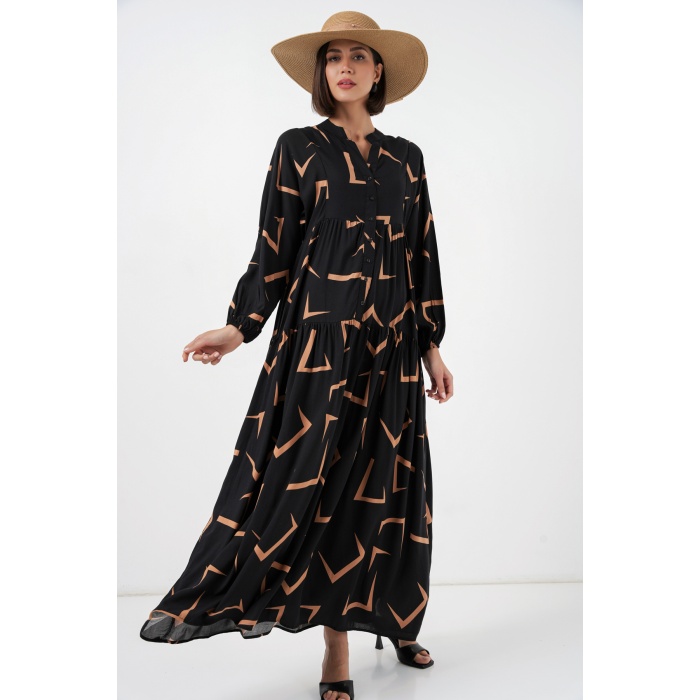 Kadın Desenli Uzun Tesettür Elbise 2585 - H. Siyah