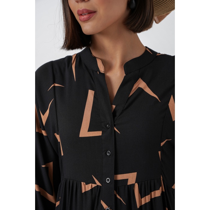 Kadın Desenli Uzun Tesettür Elbise 2585 - H. Siyah