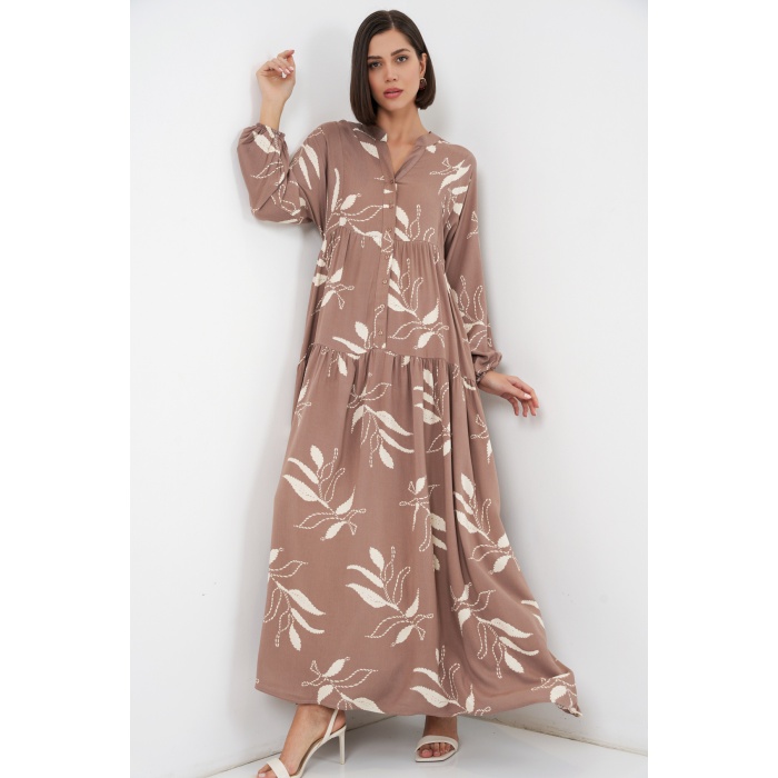 Kadın Desenli Uzun Tesettür Elbise 2585 - D.Vizon