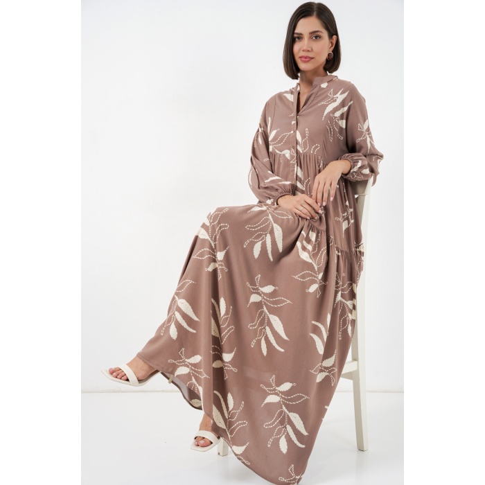 Kadın Desenli Uzun Tesettür Elbise 2585 - D.Vizon