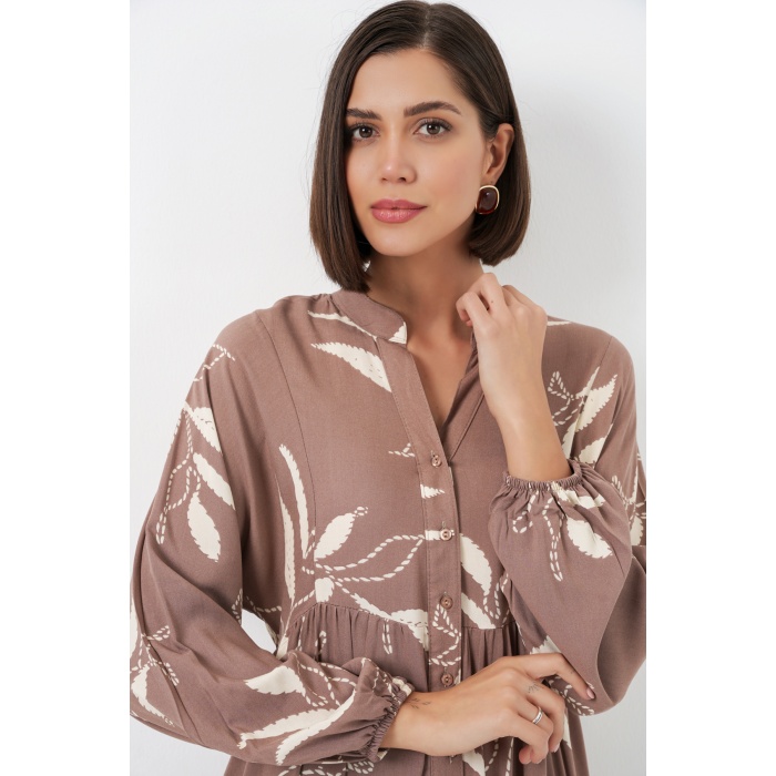 Kadın Desenli Uzun Tesettür Elbise 2585 - D.Vizon