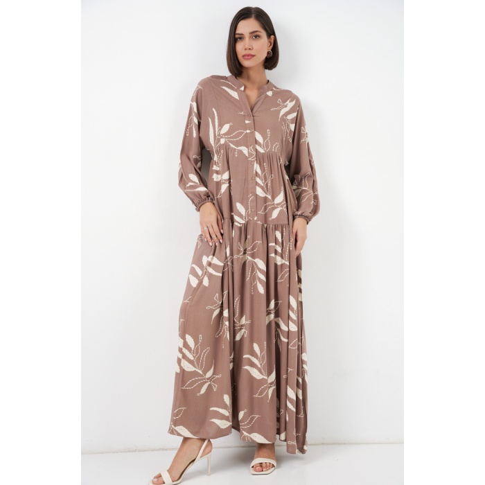 Kadın Desenli Uzun Tesettür Elbise 2585 - D.Vizon