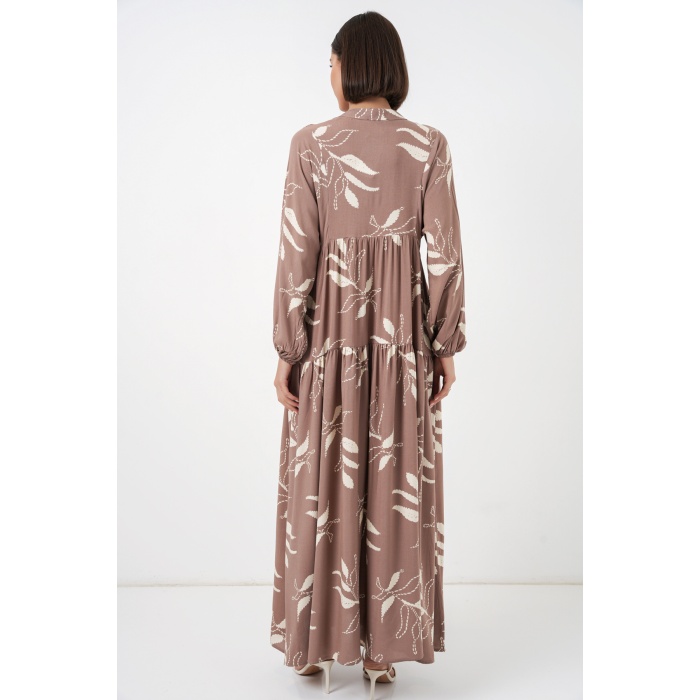 Kadın Desenli Uzun Tesettür Elbise 2585 - D.Vizon