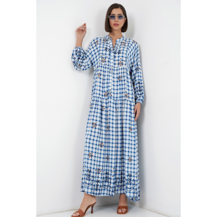 Kadın Desenli Uzun Tesettür Elbise 2585 - A.Mavi