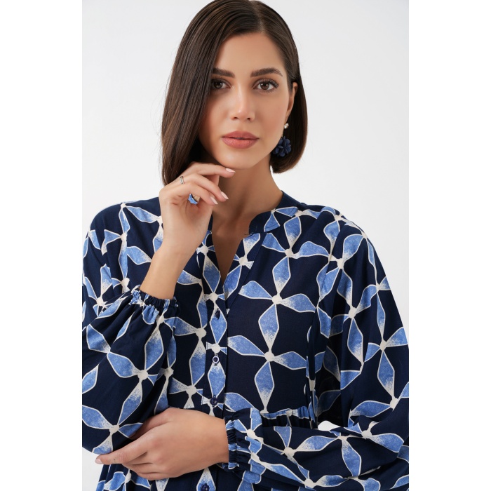 Kadın Desenli Uzun Tesettür Elbise 2585 - M. Lacivert