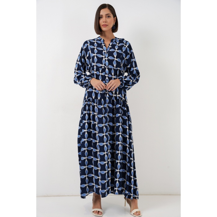 Kadın Desenli Uzun Tesettür Elbise 2585 - M. Lacivert