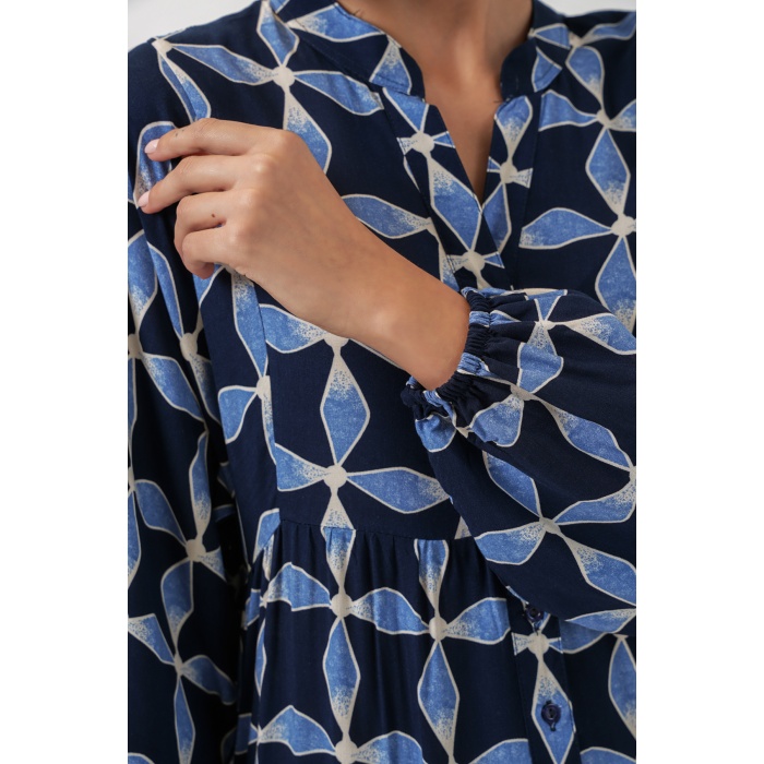 Kadın Desenli Uzun Tesettür Elbise 2585 - M. Lacivert