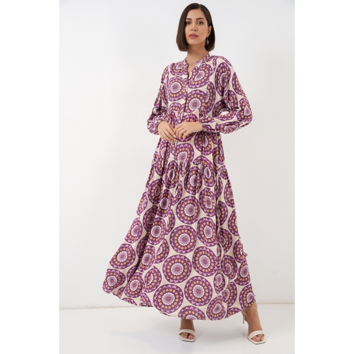 Kadın Desenli Uzun Tesettür Elbise 2585 - B.Lila