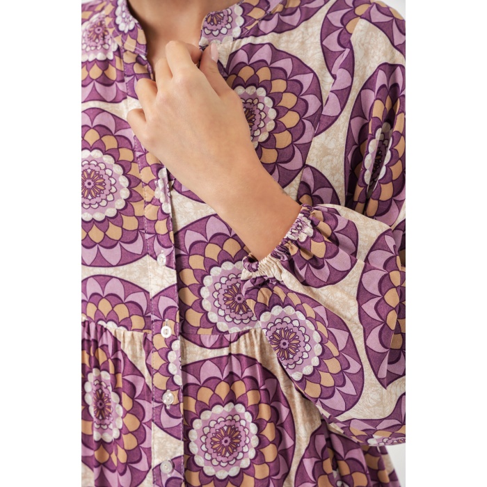 Kadın Desenli Uzun Tesettür Elbise 2585 - B.Lila