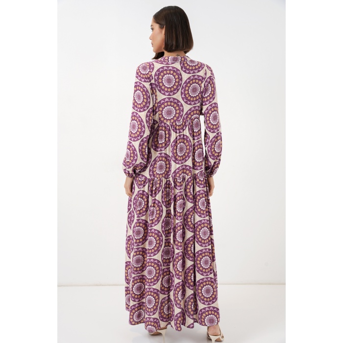 Kadın Desenli Uzun Tesettür Elbise 2585 - B.Lila