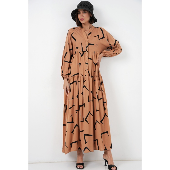 Kadın Desenli Uzun Tesettür Elbise 2585 - A. Vizon