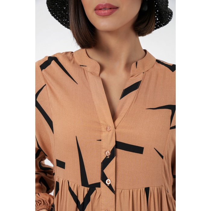 Kadın Desenli Uzun Tesettür Elbise 2585 - A. Vizon