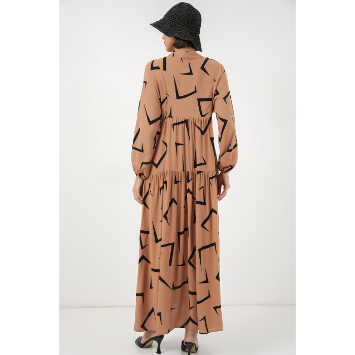 Kadın Desenli Uzun Tesettür Elbise 2585 - A. Vizon