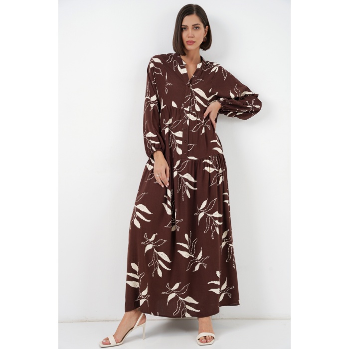 Kadın Desenli Uzun Tesettür Elbise 2585 - F.KAHVE