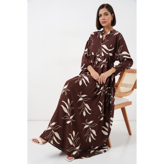 Kadın Desenli Uzun Tesettür Elbise 2585 - F.KAHVE