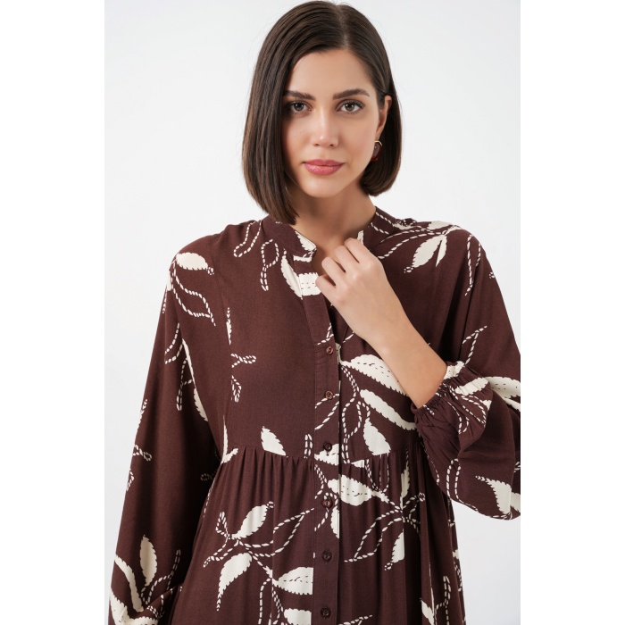 Kadın Desenli Uzun Tesettür Elbise 2585 - F.KAHVE