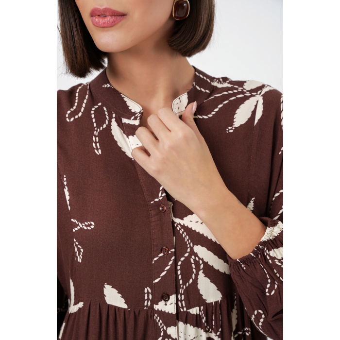 Kadın Desenli Uzun Tesettür Elbise 2585 - F.KAHVE