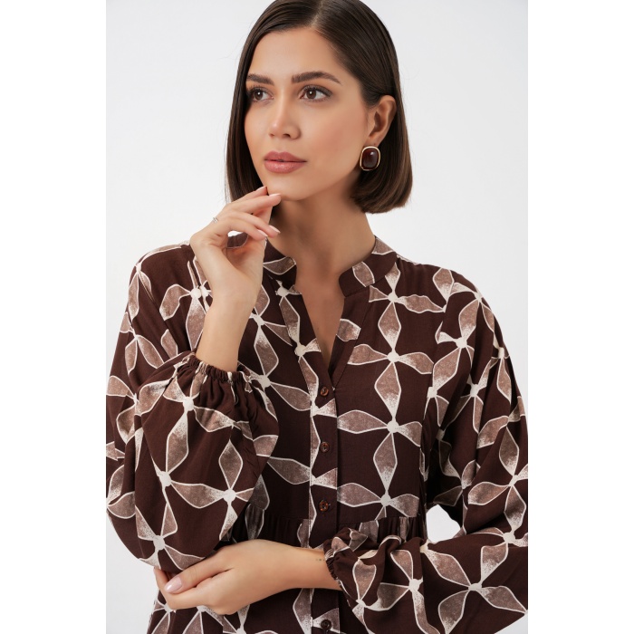 Kadın Desenli Uzun Tesettür Elbise 2585 - A.Kahve