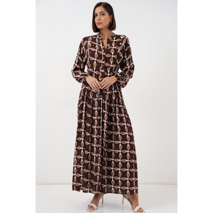 Kadın Desenli Uzun Tesettür Elbise 2585 - A.Kahve