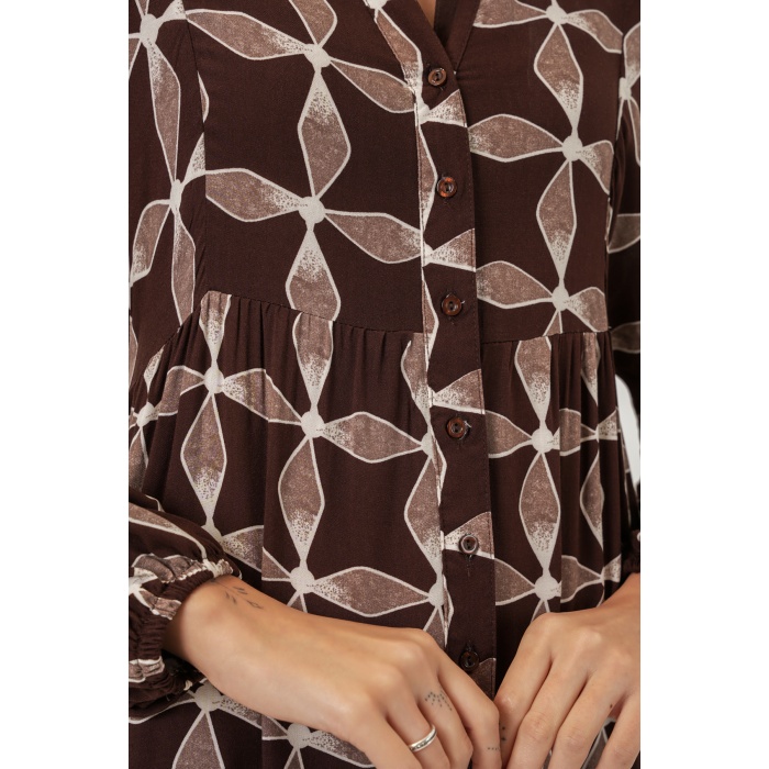 Kadın Desenli Uzun Tesettür Elbise 2585 - A.Kahve