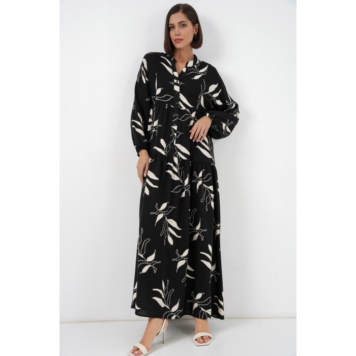 Kadın Desenli Uzun Tesettür Elbise 2585 - Y.Siyah