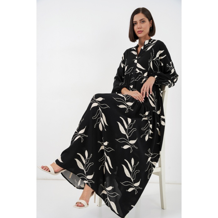 Kadın Desenli Uzun Tesettür Elbise 2585 - Y.Siyah