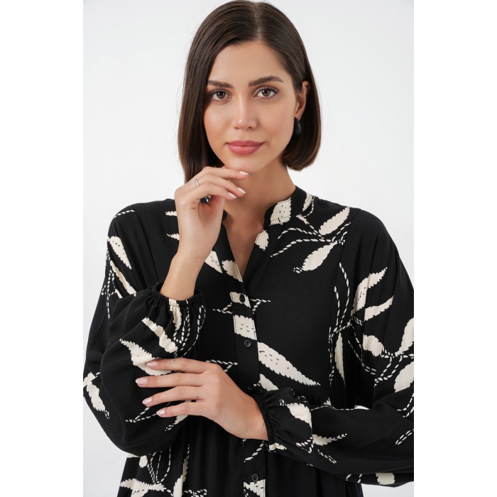 Kadın Desenli Uzun Tesettür Elbise 2585 - Y.Siyah