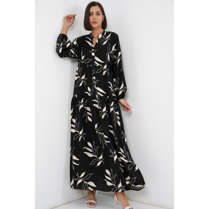 Kadın Desenli Uzun Tesettür Elbise 2585 - Y.Siyah