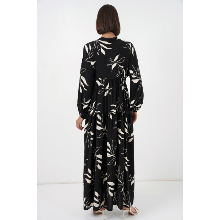 Kadın Desenli Uzun Tesettür Elbise 2585 - Y.Siyah