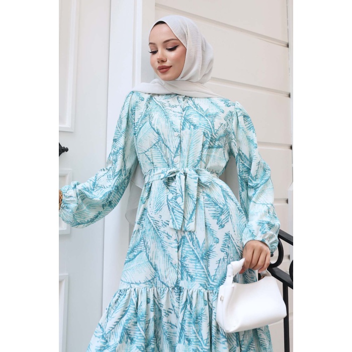 Kadın Desenli Uzun Tesettür Elbise 2586 - Yeşil