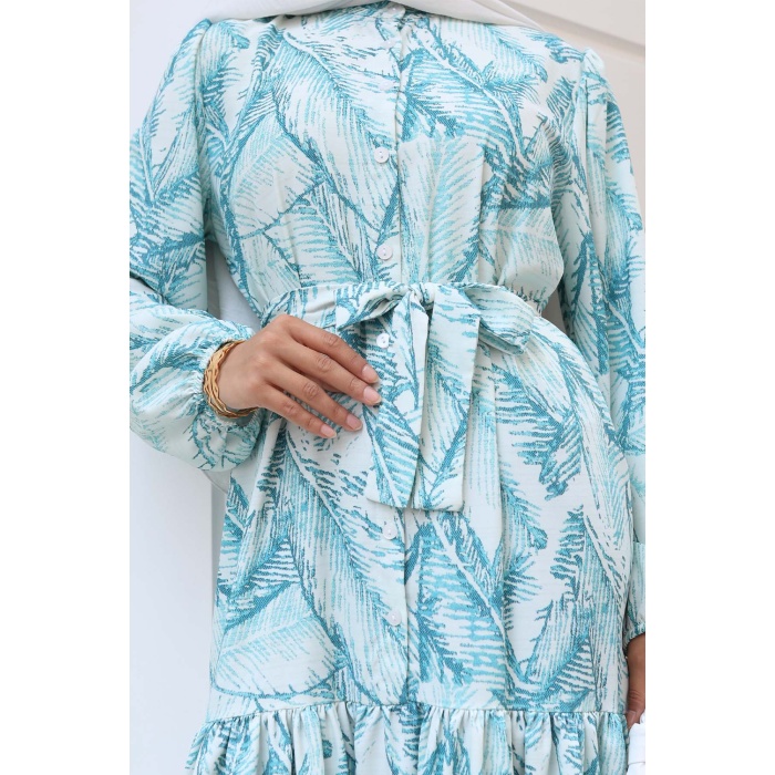 Kadın Desenli Uzun Tesettür Elbise 2586 - Yeşil