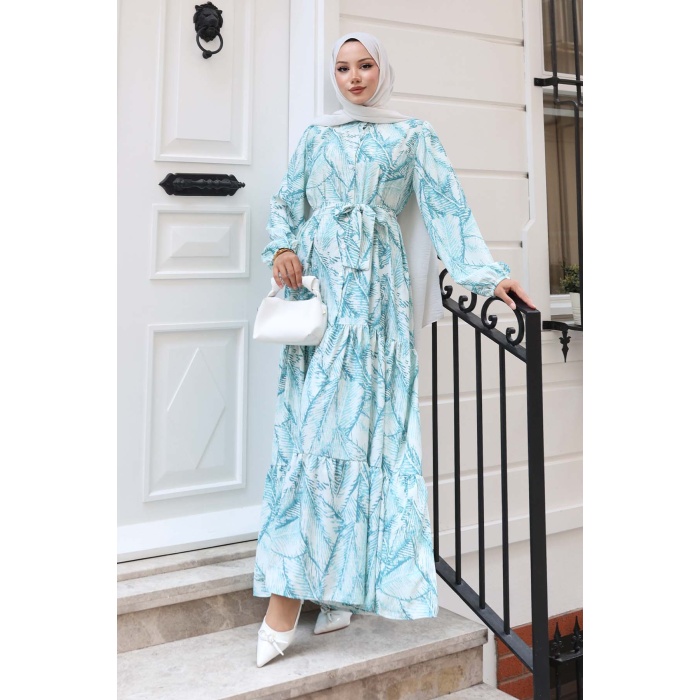 Kadın Desenli Uzun Tesettür Elbise 2586 - Yeşil