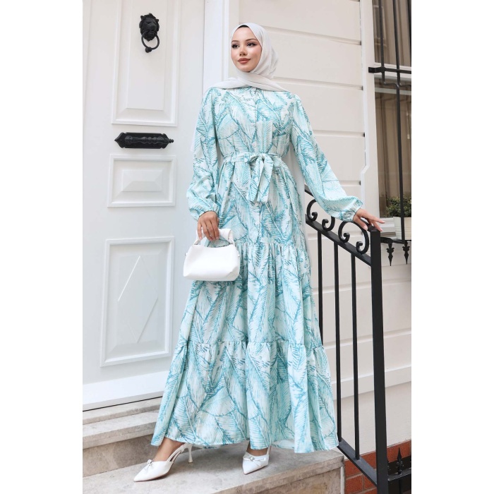 Kadın Desenli Uzun Tesettür Elbise 2586 - Yeşil