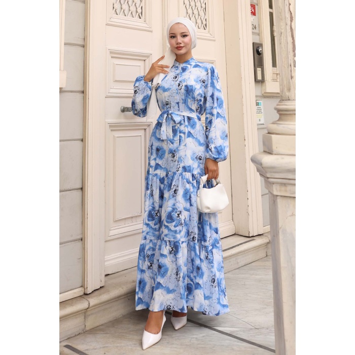 Kadın Desenli Uzun Tesettür Elbise 2586 - Mavi