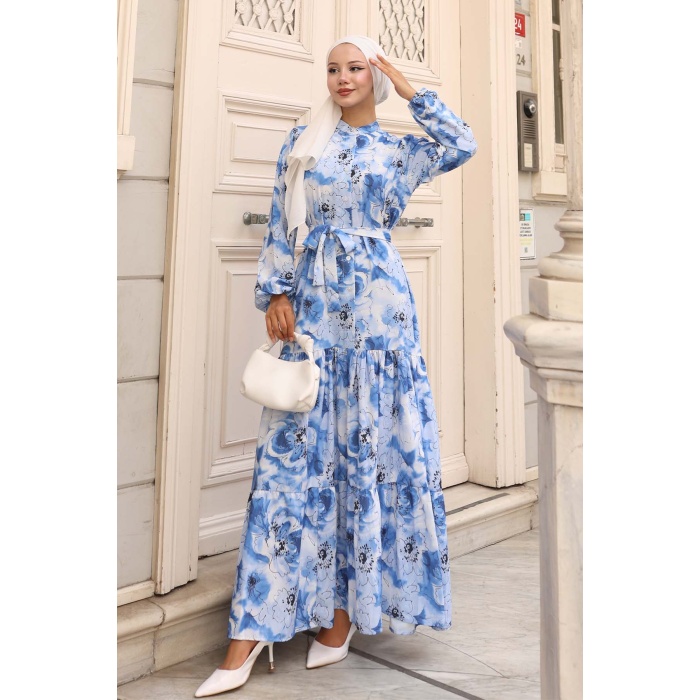Kadın Desenli Uzun Tesettür Elbise 2586 - Mavi